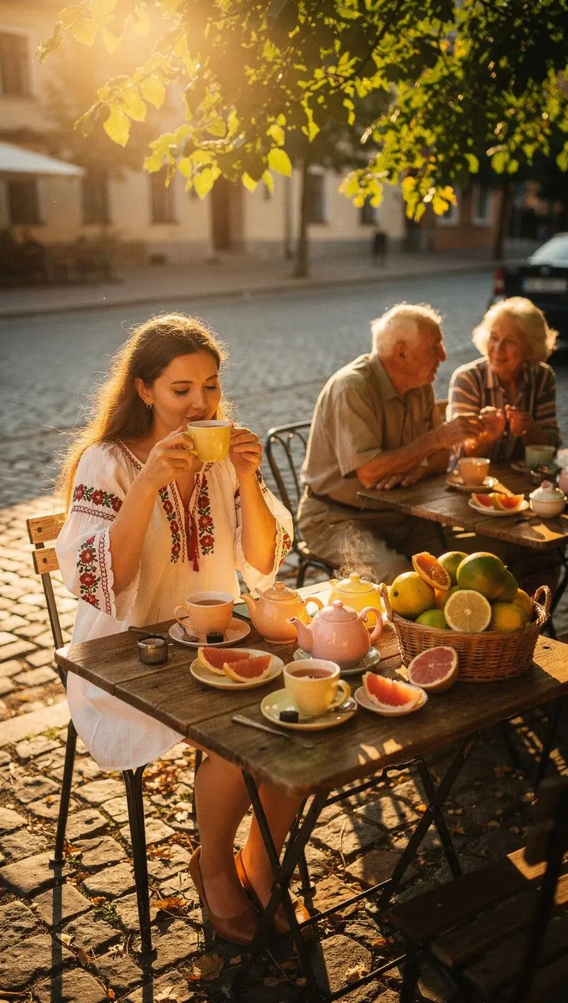 Pomelo arbatos puodelis su šviežiais citrusiniais vaisiais, pabrėžiantis natūralų skonį.