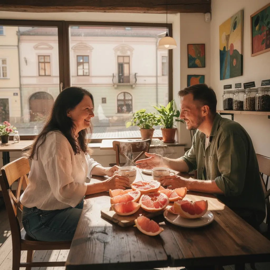 Pomelo širdies arbata su dideliu citrusiniu vaisiu, kuris simbolizuoja sveikatą ir pusiausvyrą.