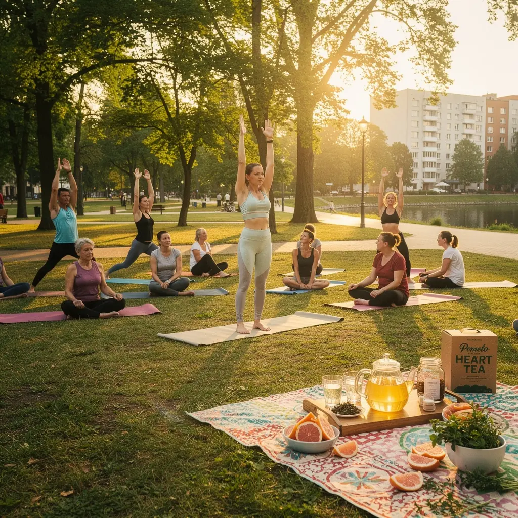 Didelis pomelo vaisius, supakuotas šviežioje žalioje lapijoje, simbolizuojantis sveikatą ir energiją.