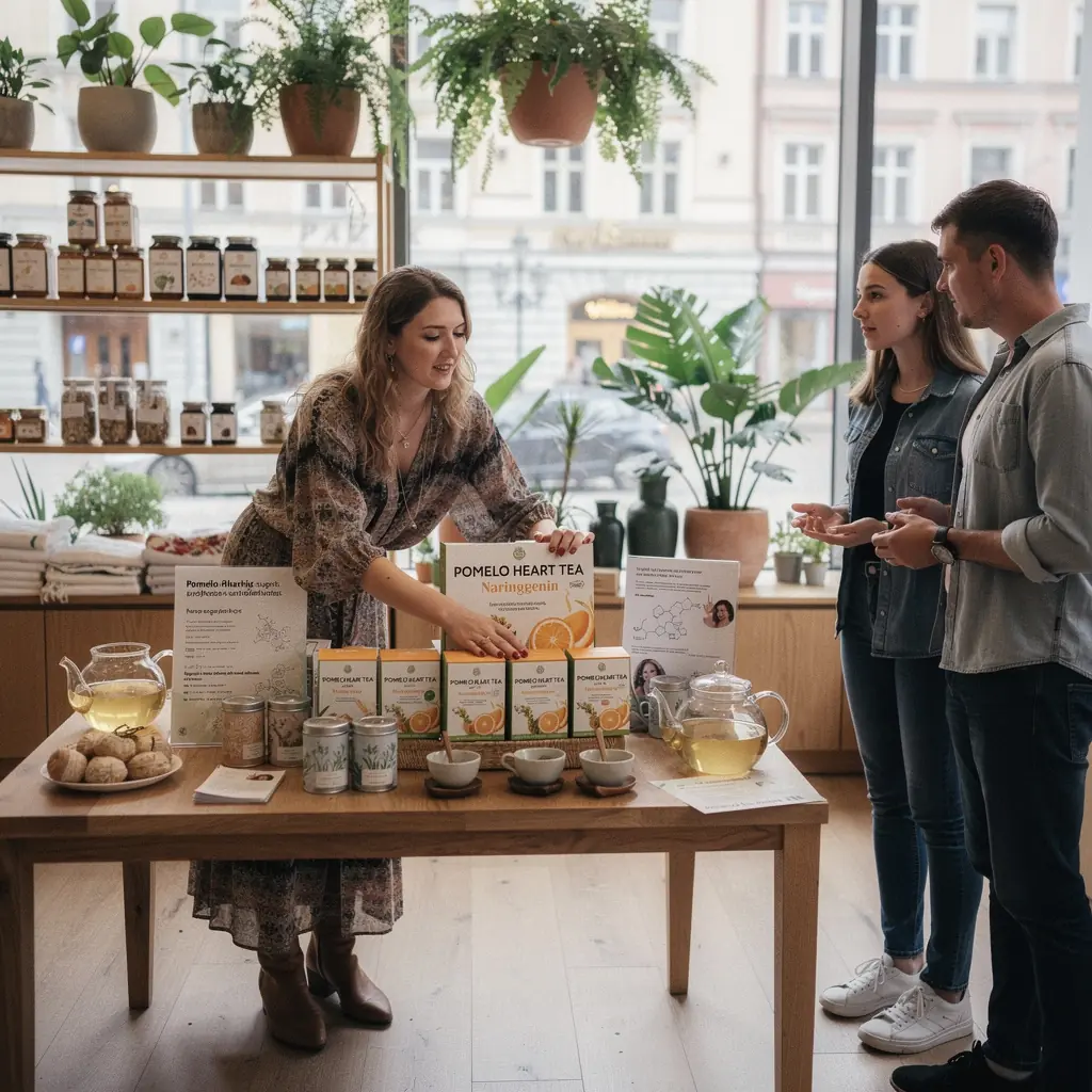 Didelis pomelo vaisius, supintas žaliosios arbatos lapais, simbolizuojantis natūralų spaudimo balansą.