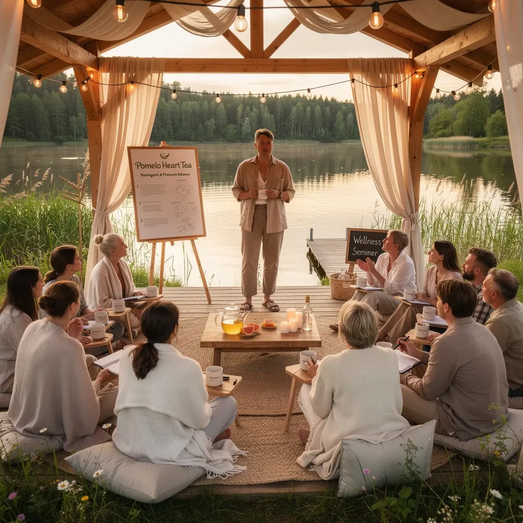 Pomelo širdies arbata puodelyje su šviežiais citrusiniais vaisiais.