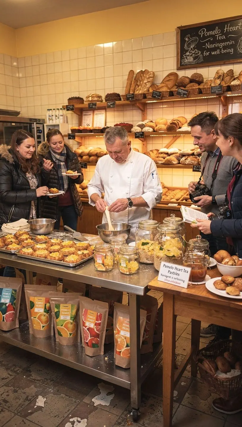 Pomelo arbatos puodelis su šviežiais vaisiais, atskleidžiančiais ryškius oranžinius tonus.